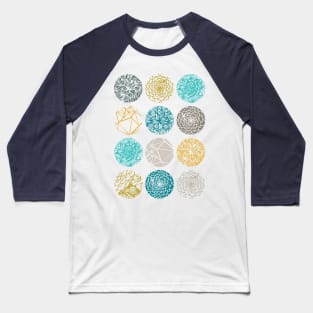 Abstract pattern with organic hand drawn circular shapes in blue, gray and yellow shades by Akbaly Baseball T-Shirt